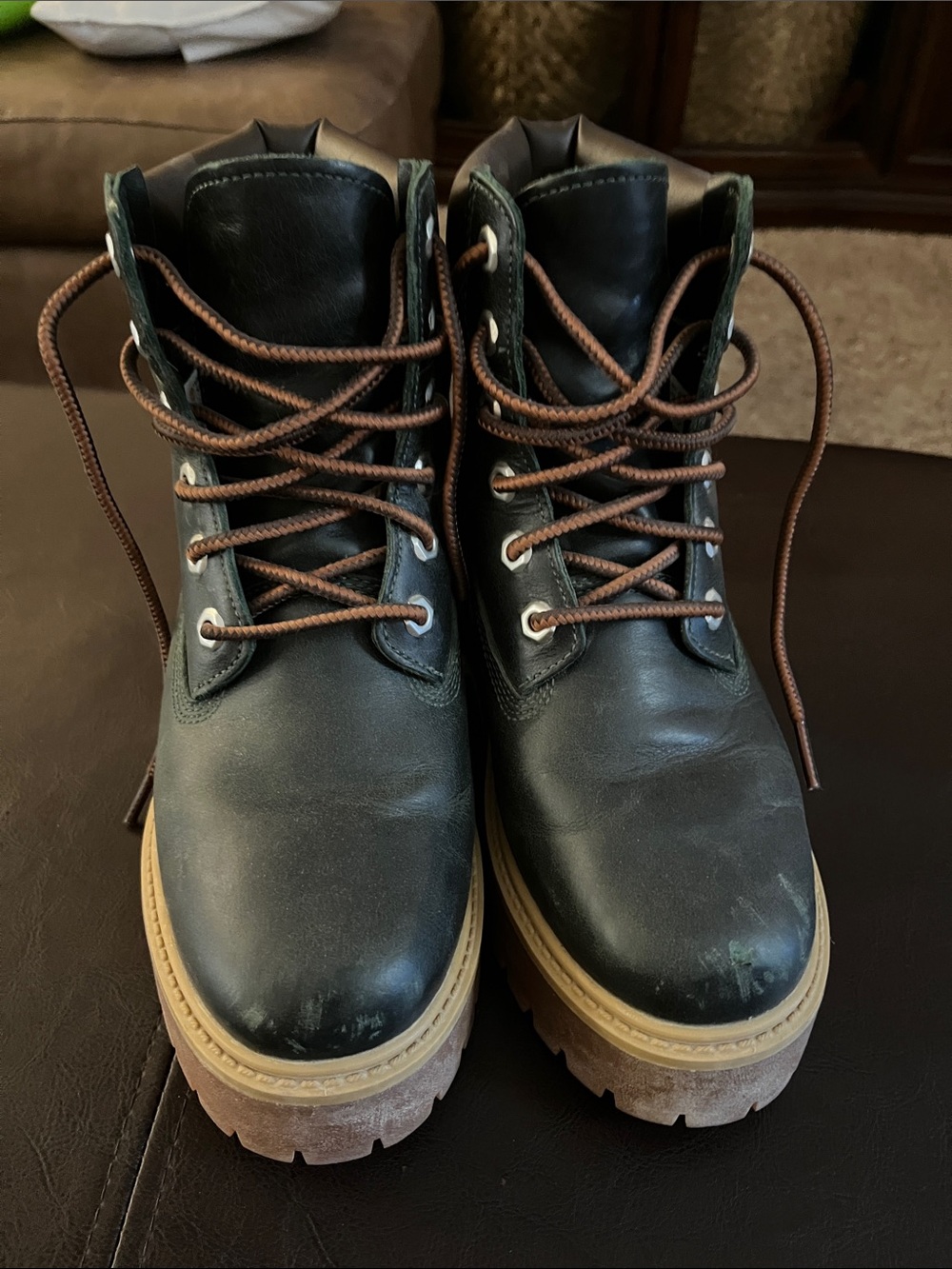 Womens Hunter green Leather Work Boots with Brown Laces